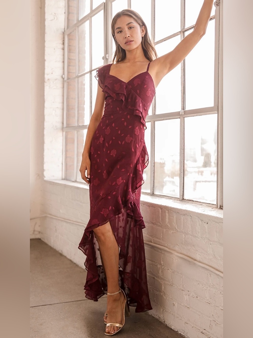 Lulus Forever Be Burgundy Floral Jacquard Ruffled Maxi Dress ZB15